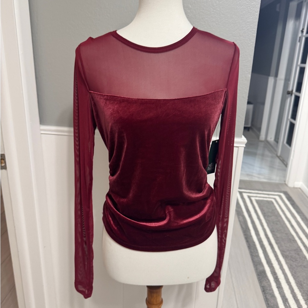 NWT Wild Fable Burgundy Velvet with Sheer Sleeves Top Size M